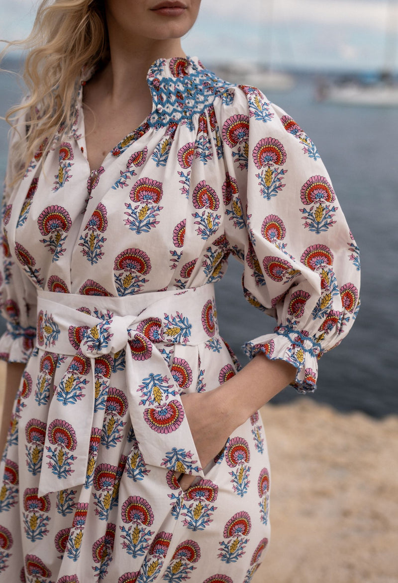 Ada Lovelace Dress Rainbow Marigold with Delft Blue Hand Smocking