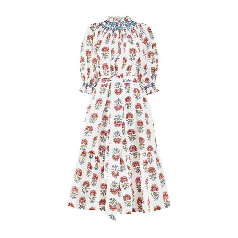 Ada Lovelace Dress Rainbow Marigold with Delft Blue Hand Smocking