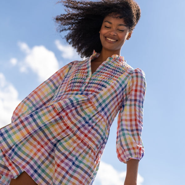 Billie Holiday Short Dress Rainbow Gingham with Prism Hand Smocking