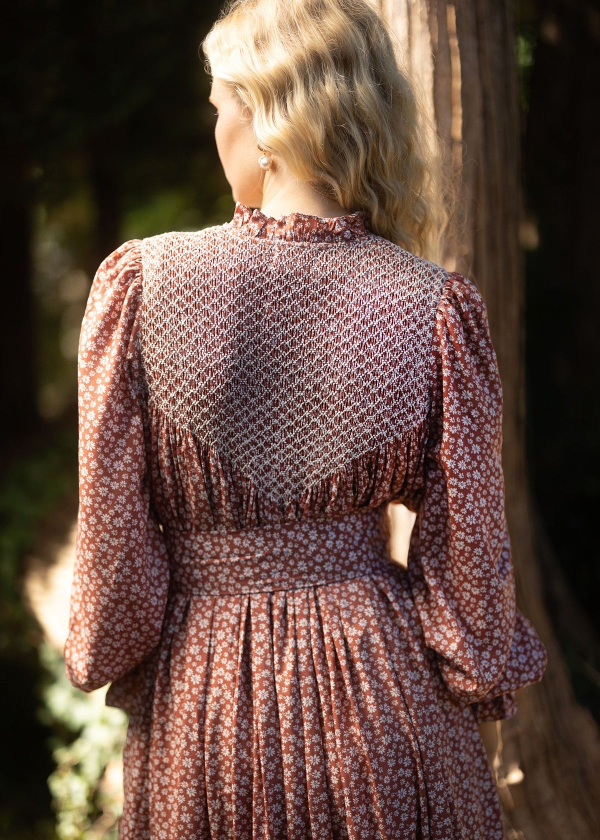 S/M Wu Zetian Women's Dress Terracotta Blooms With Full Moon Hand Smocking