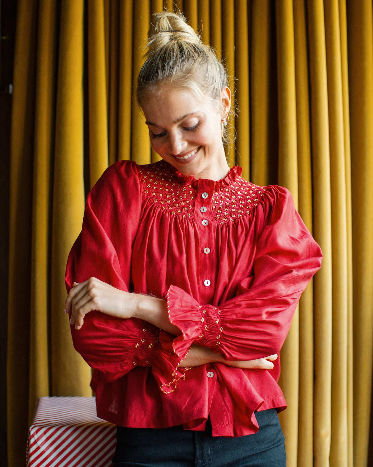 Cleopatra Blouse Red Silk Cotton with Sleigh Bell Hand Smocking Edition 35