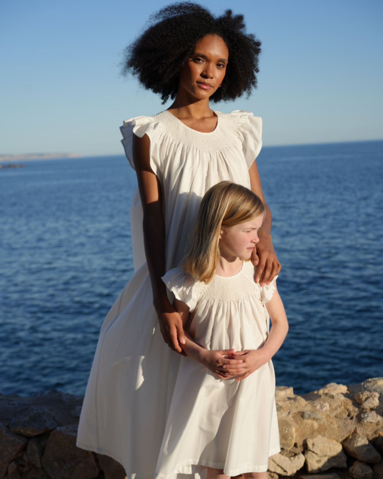 Queen Elizabeth 1st Girl's Dress Moonstone Cotton with Ivory Lattice Hand Smocking