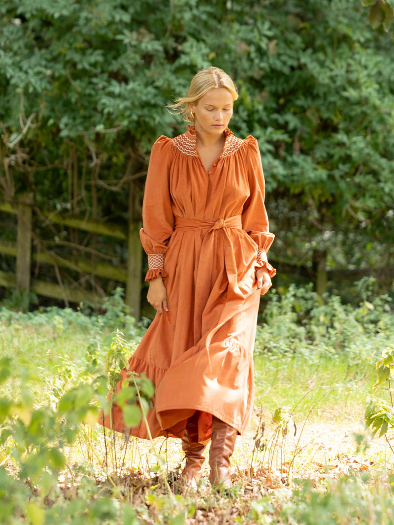 Colette Women's Dress Butterscotch Needlecord with Full Moon Hand Smocking