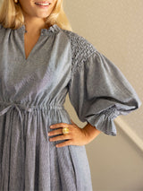 Aloha Wanderwell Dress Navy Houndstooth with Blackberry Hand Smocking