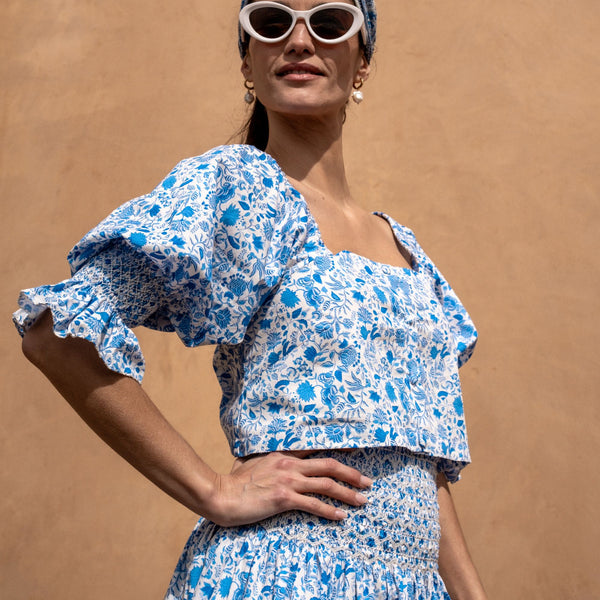 Sappho Blouse Rhapsody in Blue with White Hand Smocking