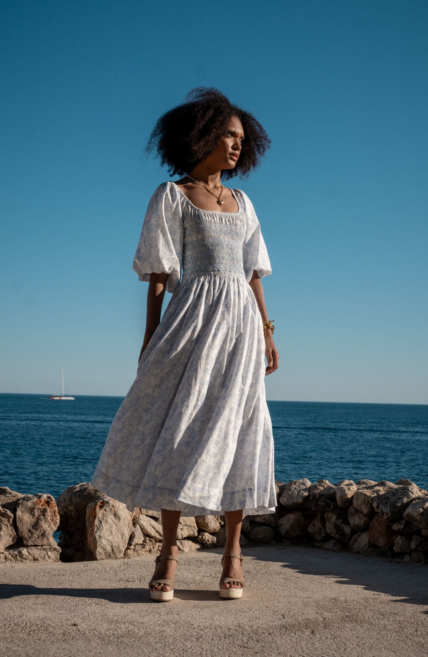 My Mulberry House x Smock London Scarlett Dress Toile des Champs with Delphinium Hand Smocking