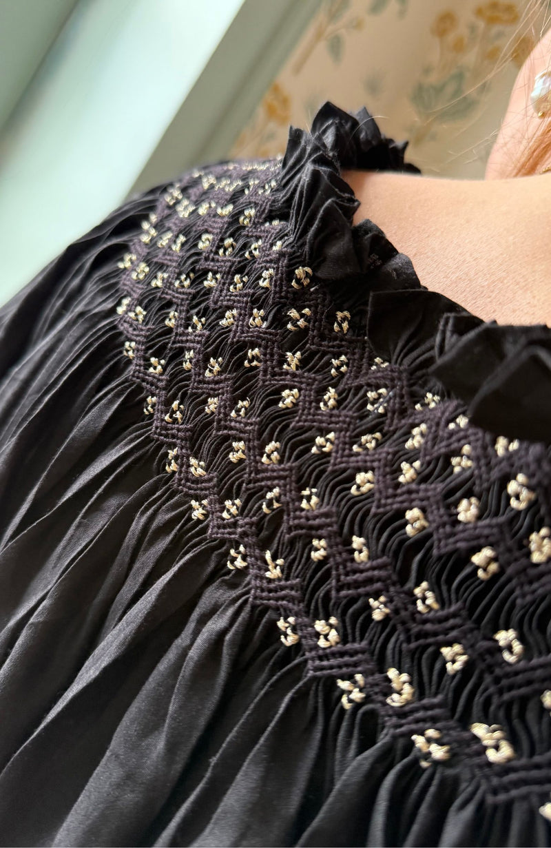 Cleopatra Blouse Obsidian Silk Cotton with All That Glitters Hand Smocking Edition 31