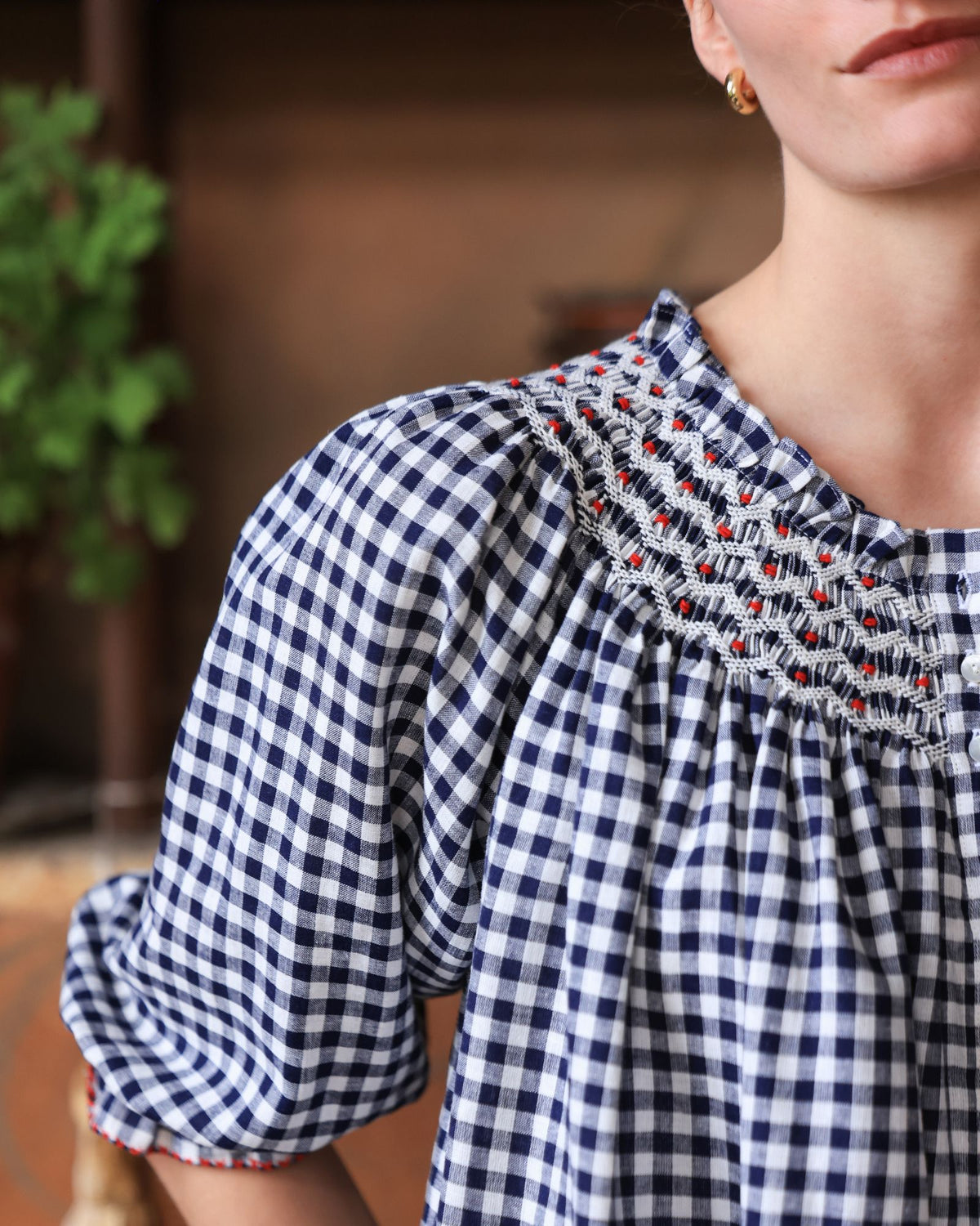 Cleopatra Blouse Navy Gingham with Red Hot Poker Hand Smocking Edition 54