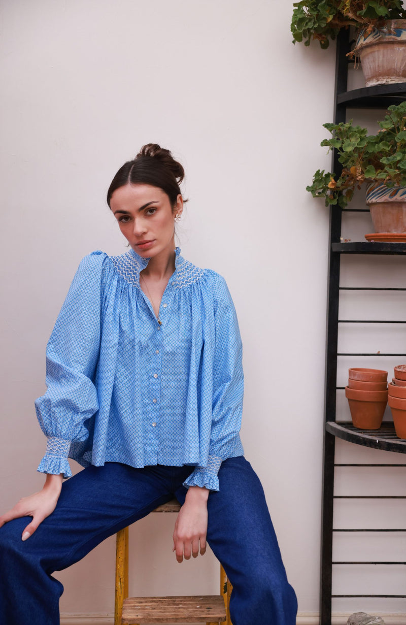 Pom x Smock London Scholl Blouse Paperwhite Ditsy with Snowdrop Hand Smocking Edition 61