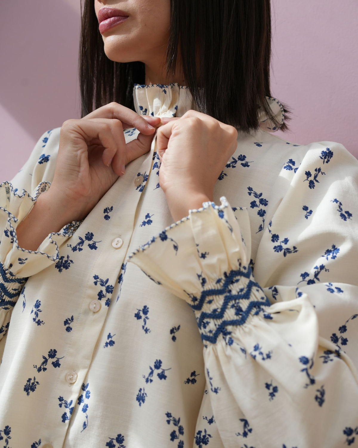Shelley Blouse Blue Bramble Ditsy with Blueberry Hand Smocking Edition 31
