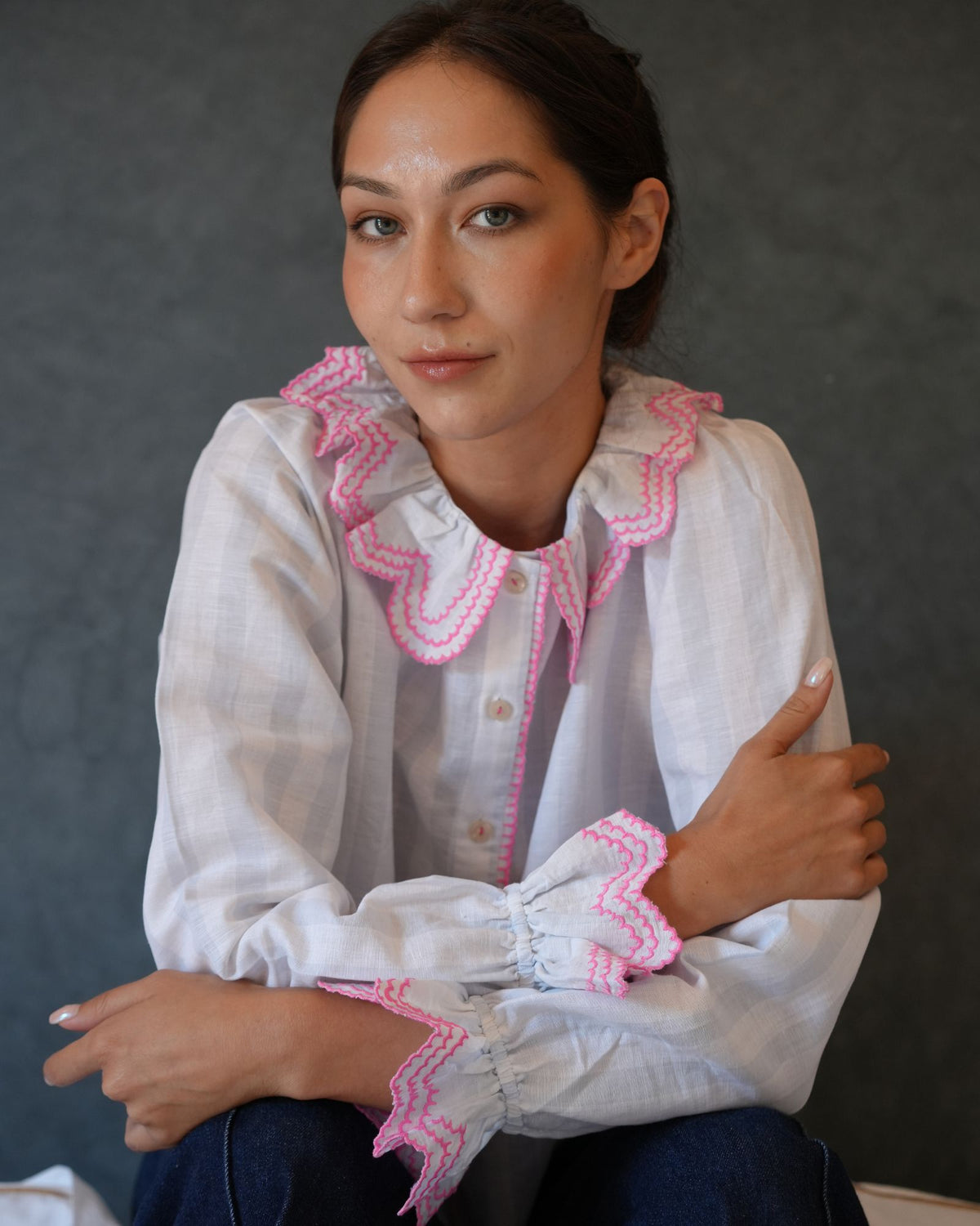 Bronte Blouse Blue Misty Stripe with Pink Fizz Embroidery