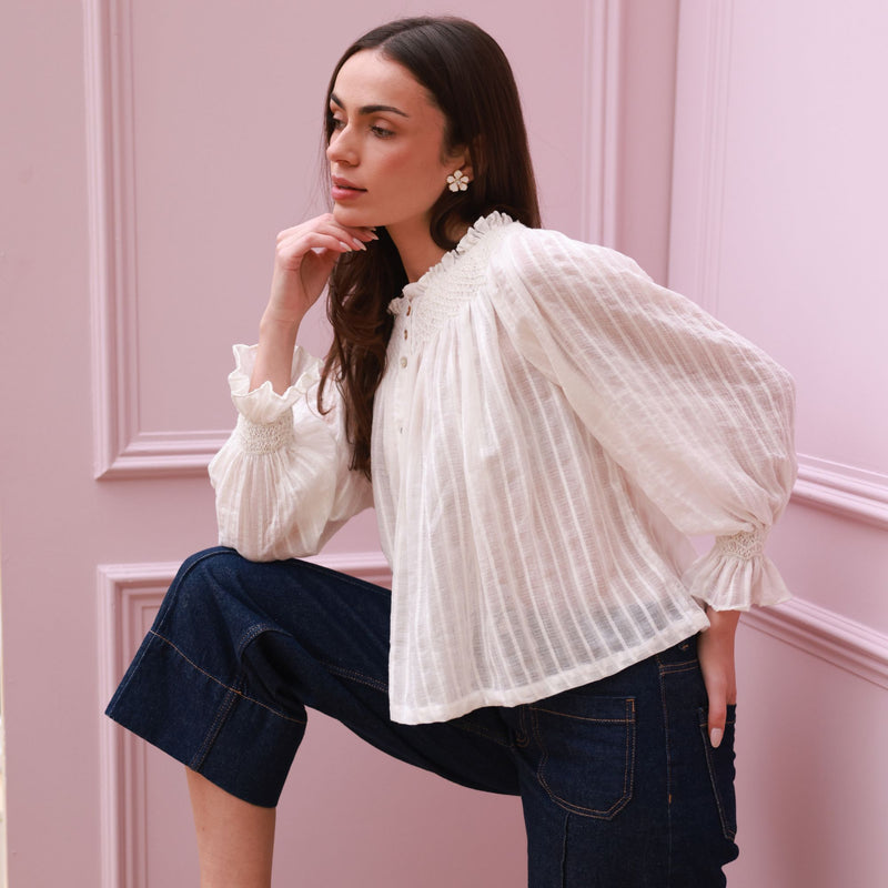 Cleopatra Blouse White Stripe Cotton Muslin with milk Hand Smocking Edition 37