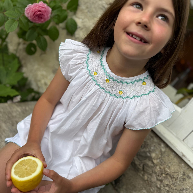 Rosalind Franklin Pyjamas Moonstone Cotton with Lemon Hand Smocking