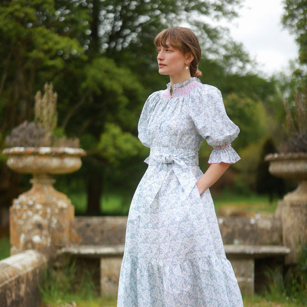 Ada Lovelace Dress Flower Field Linen with Cherry Blossom Hand Smocking