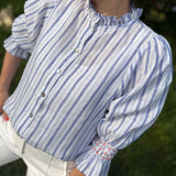 Shelley Blouse Blue Monday Stripe Linen with Paradise Fish Hand Smocking Edition 12