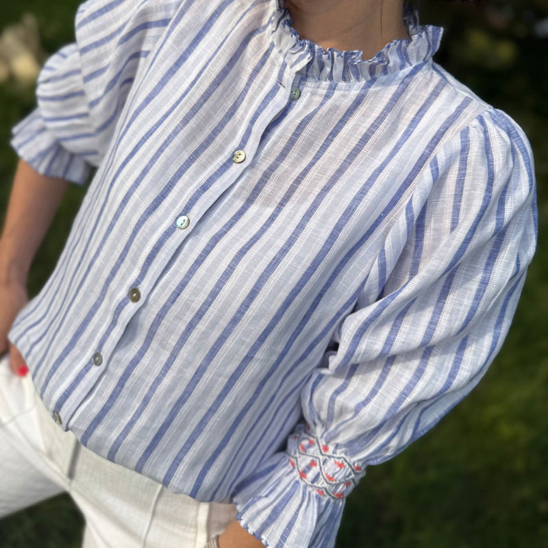 Shelley Blouse Blue Monday Stripe Linen with Paradise Fish Hand Smocking Edition 12