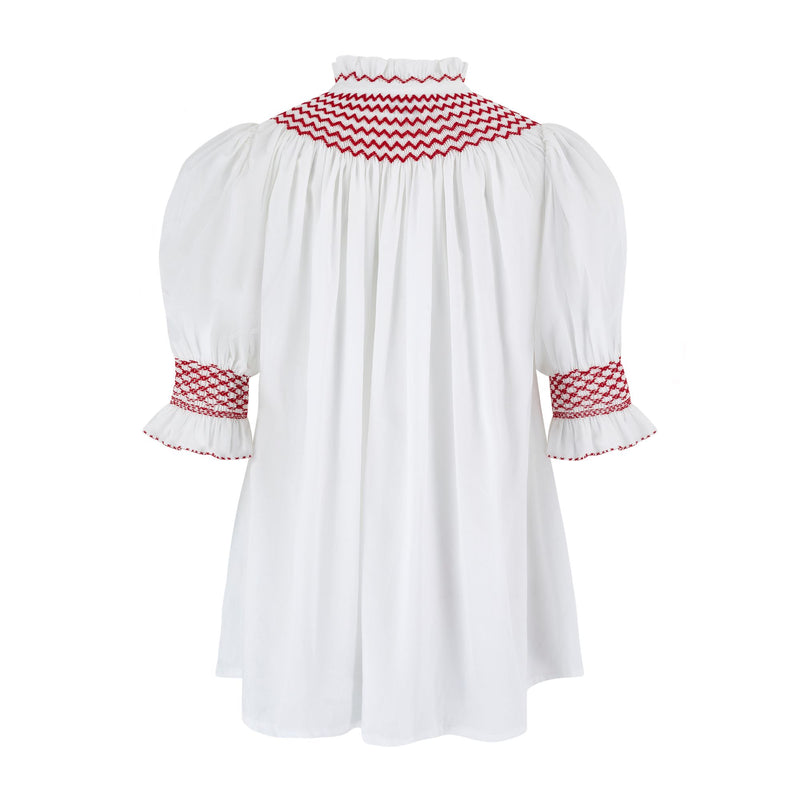 Scholl Women's Summer Blouse White with Pillar Box Red Hand Smocking