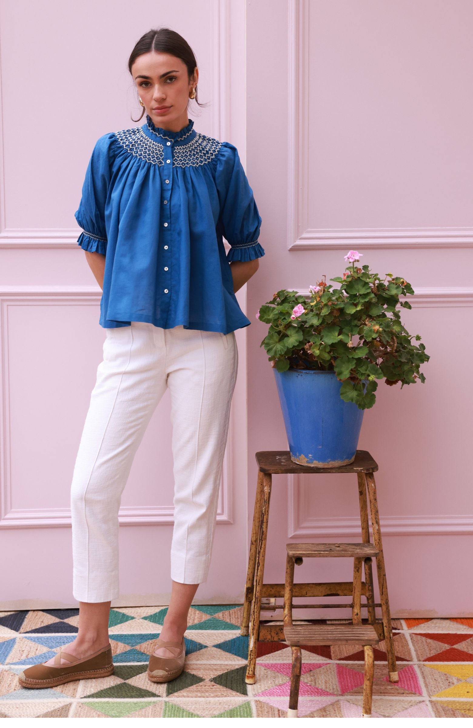 Scholl Blouse Cobalt Linen with Vanilla Hand Smocking Edition 54