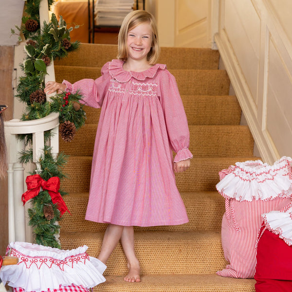 Nightingale Girl's Dress Red Vichy with Snow Bow Hand Smocking