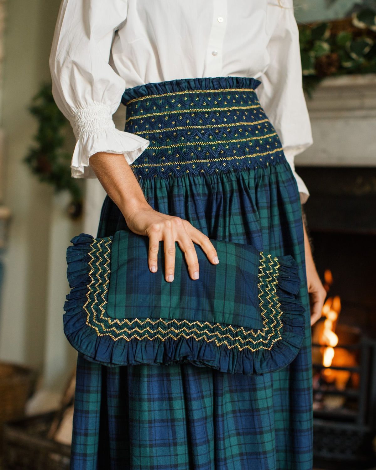 The Dolly Clutch Black Watch Tartan with Midnight Star Hand Smocking
