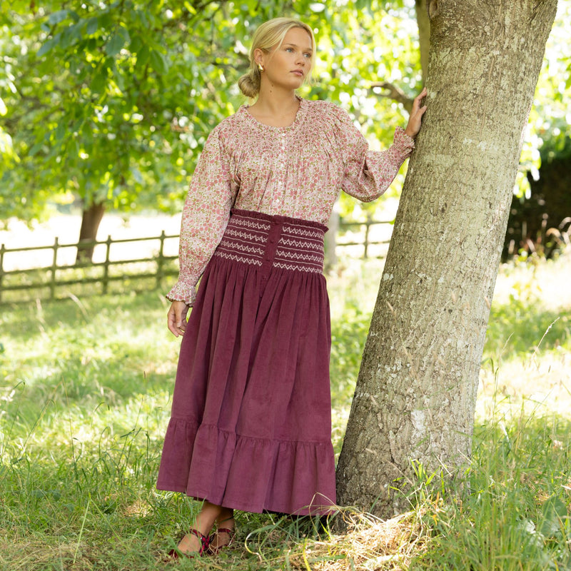 Sullivan Women's Skirt Mulberry Needlecord with Rosehip Hand Smocking