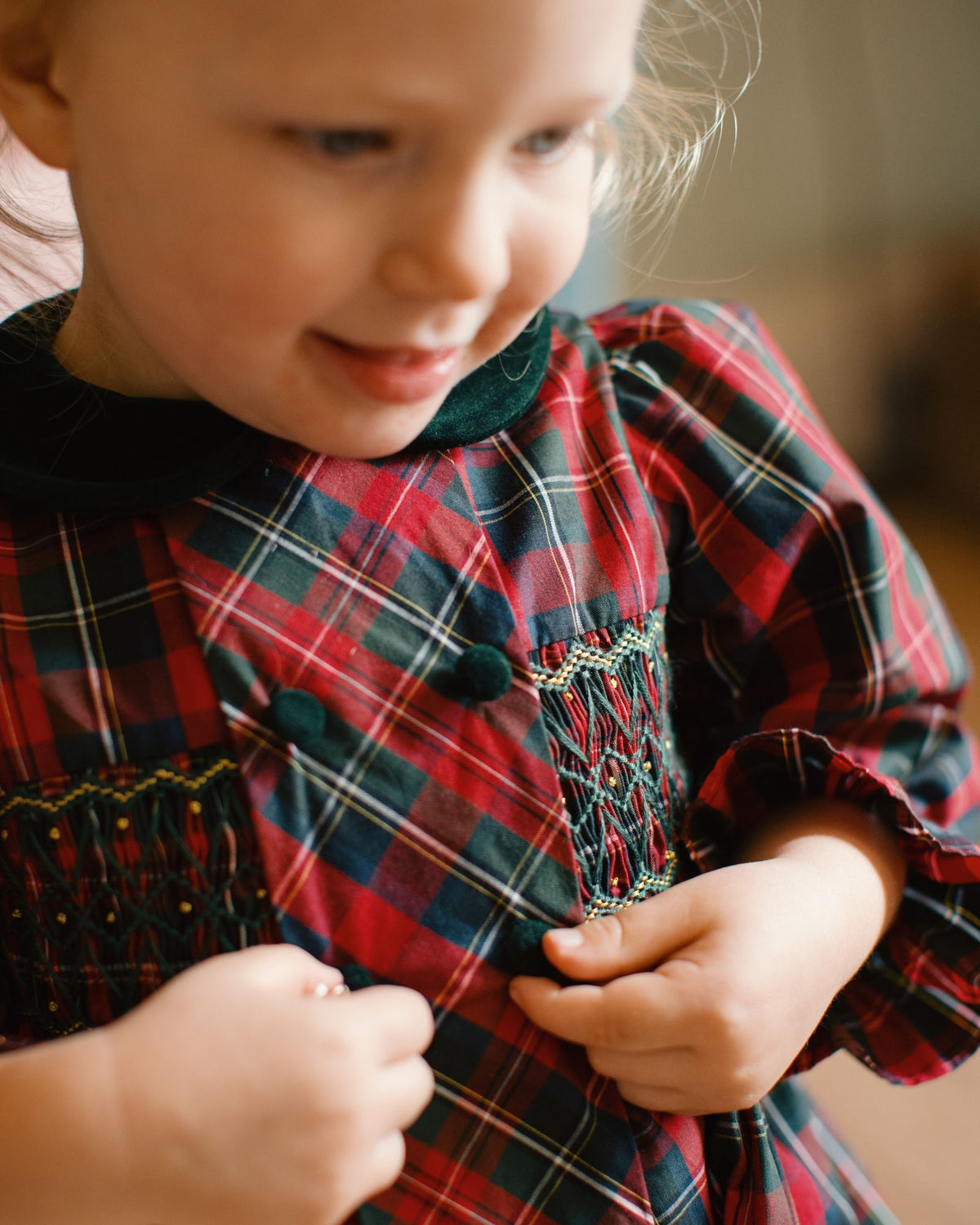 Thatcher Romper McDonald Tartan with Green and Glitter Hand Smocking