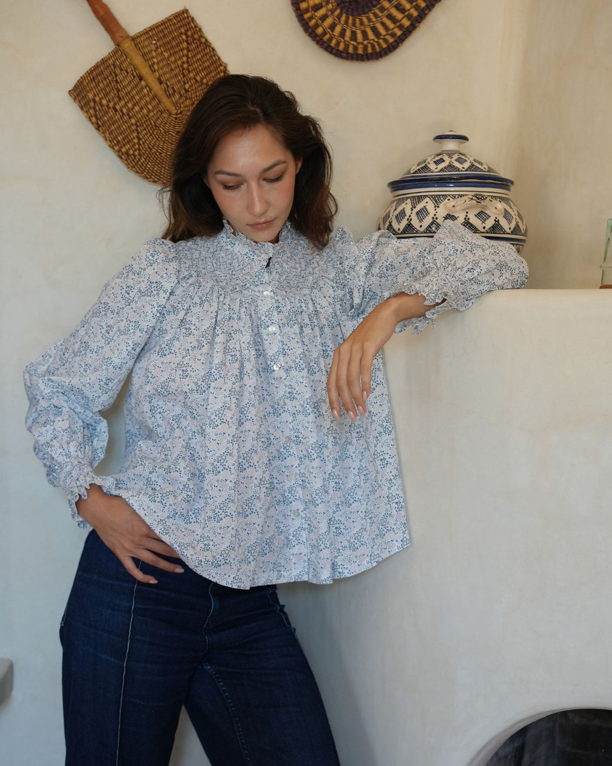 Scholl Blouse Flower Field Linen Aqua Kiss Hand Smocking Edition 48