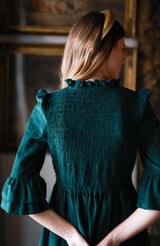 Emmeline Pankhurst Women's Dress Pine Tree Needlecord with Nordic Sparkle Hand Smocking