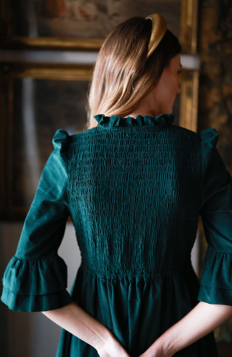 Emmeline Pankhurst Women's Dress Pine Tree Needlecord with Nordic Sparkle Hand Smocking