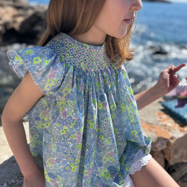 Coco Blouse with Rhubarb and Custard Hand Smocking Made With Liberty Margaret Annie Neon