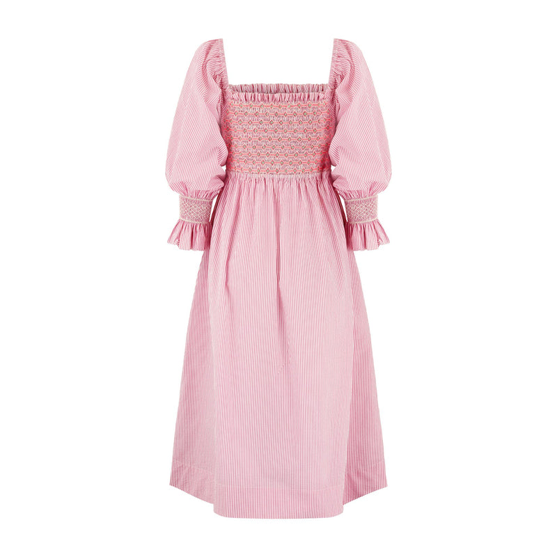 Josefine Butler Dress Raspberry Stripe Seersucker with Cool-Ade Hand Smocking