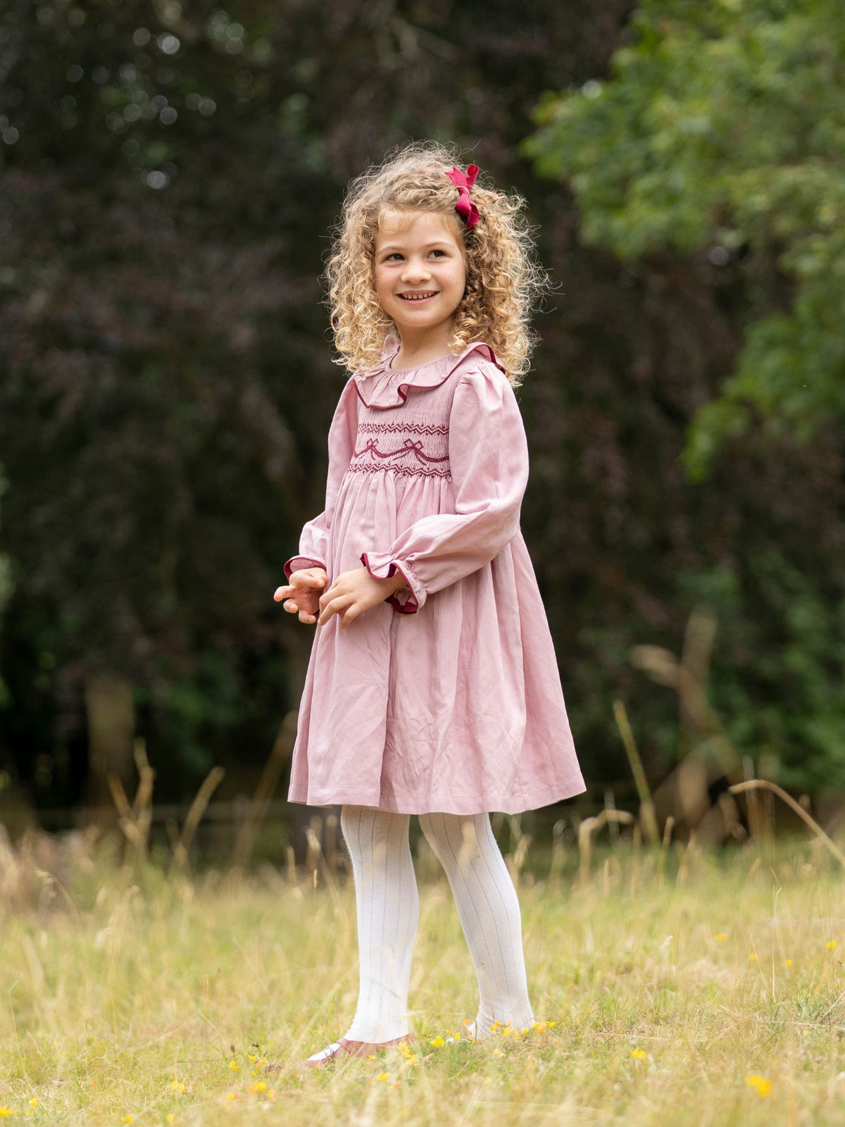 Katherine Johnson Dress Dusty Rose Linen with Mulberry Bow Hand Smocking