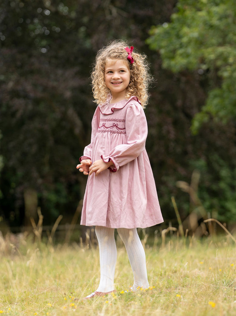 Katherine Johnson Dress Dusty Rose Linen with Mulberry Bow Hand Smocking