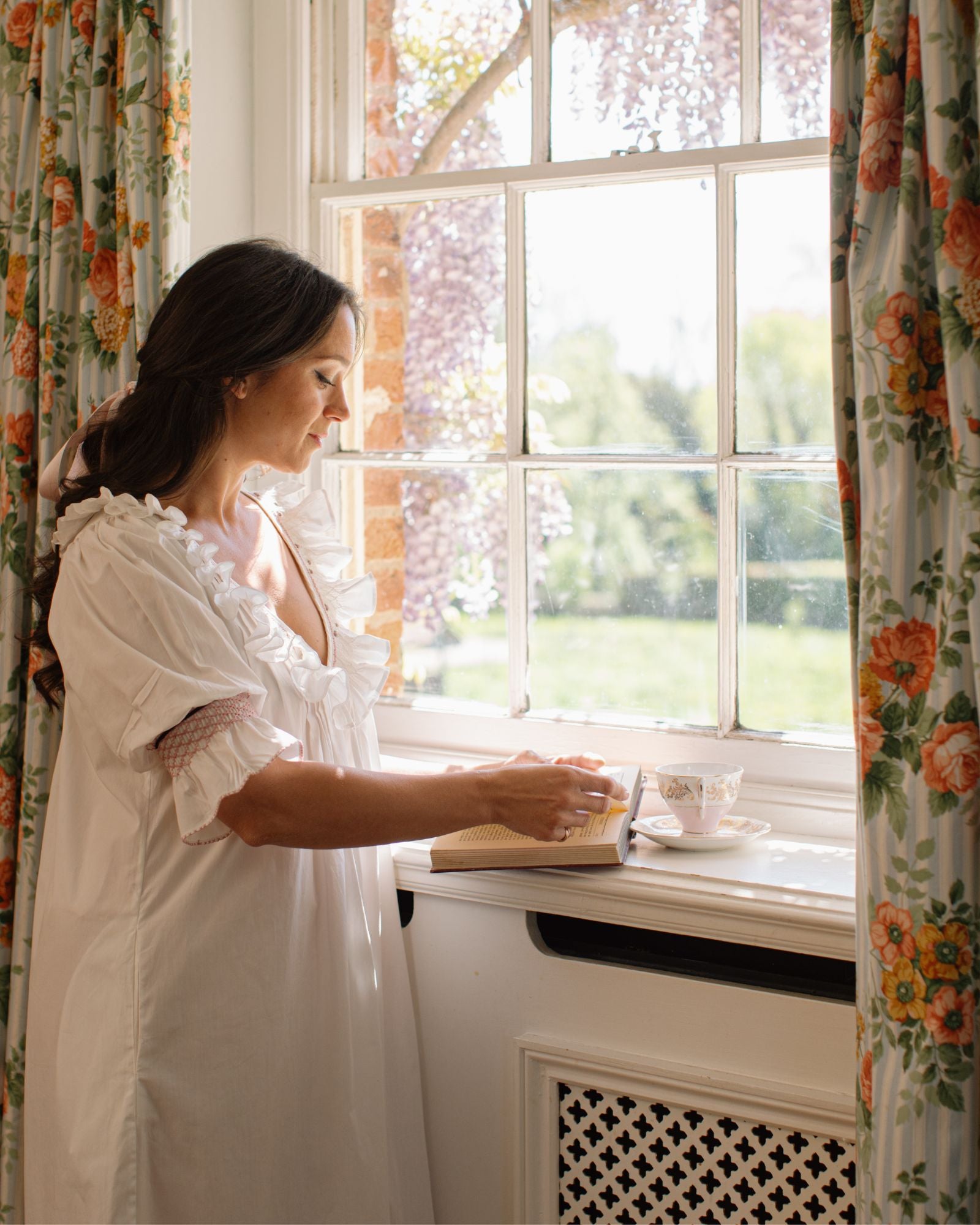 My Mulberry House x Smock London Beth Night Gown White Cotton with Dusty Pink Rose Lattice Hand Smocking