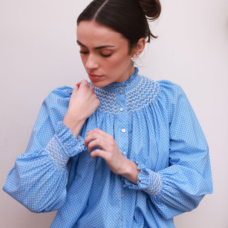 Pom x Smock London Scholl Blouse Paperwhite Ditsy with Snowdrop Hand Smocking Edition 61