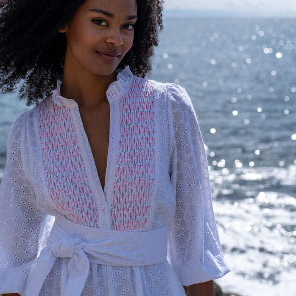 Junko Tabei Dress Broderie Anglaise with Barbilicious Honeycomb Hand Smocking