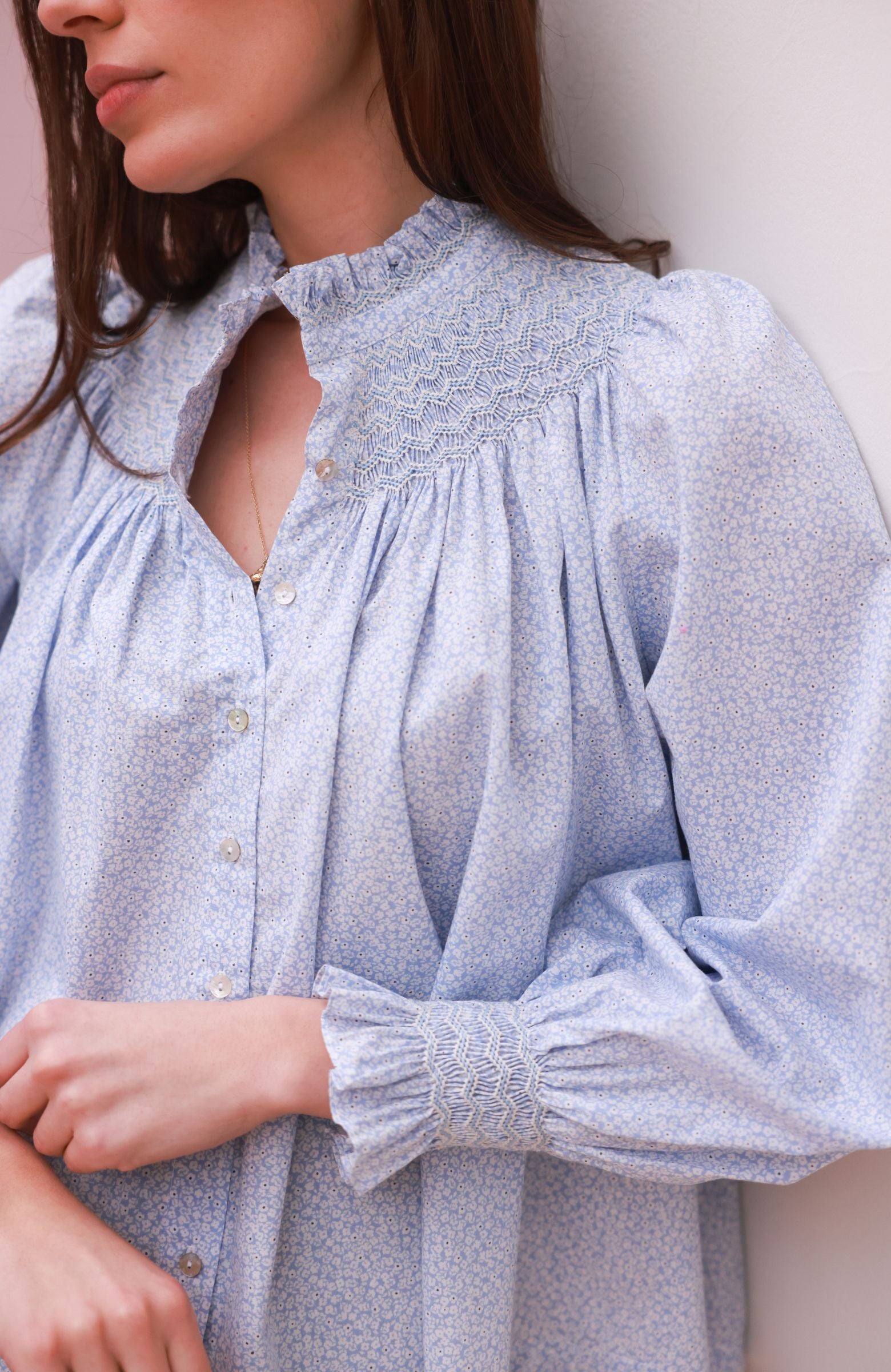 Scholl Blouse Periwinkle Ditsy with Blue Mist Hand Smocking Edition 63