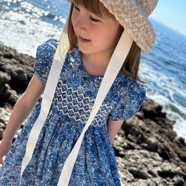 Antoinette Dress with White Horses Hand Smocking Made With Liberty Margaret Annie Azure