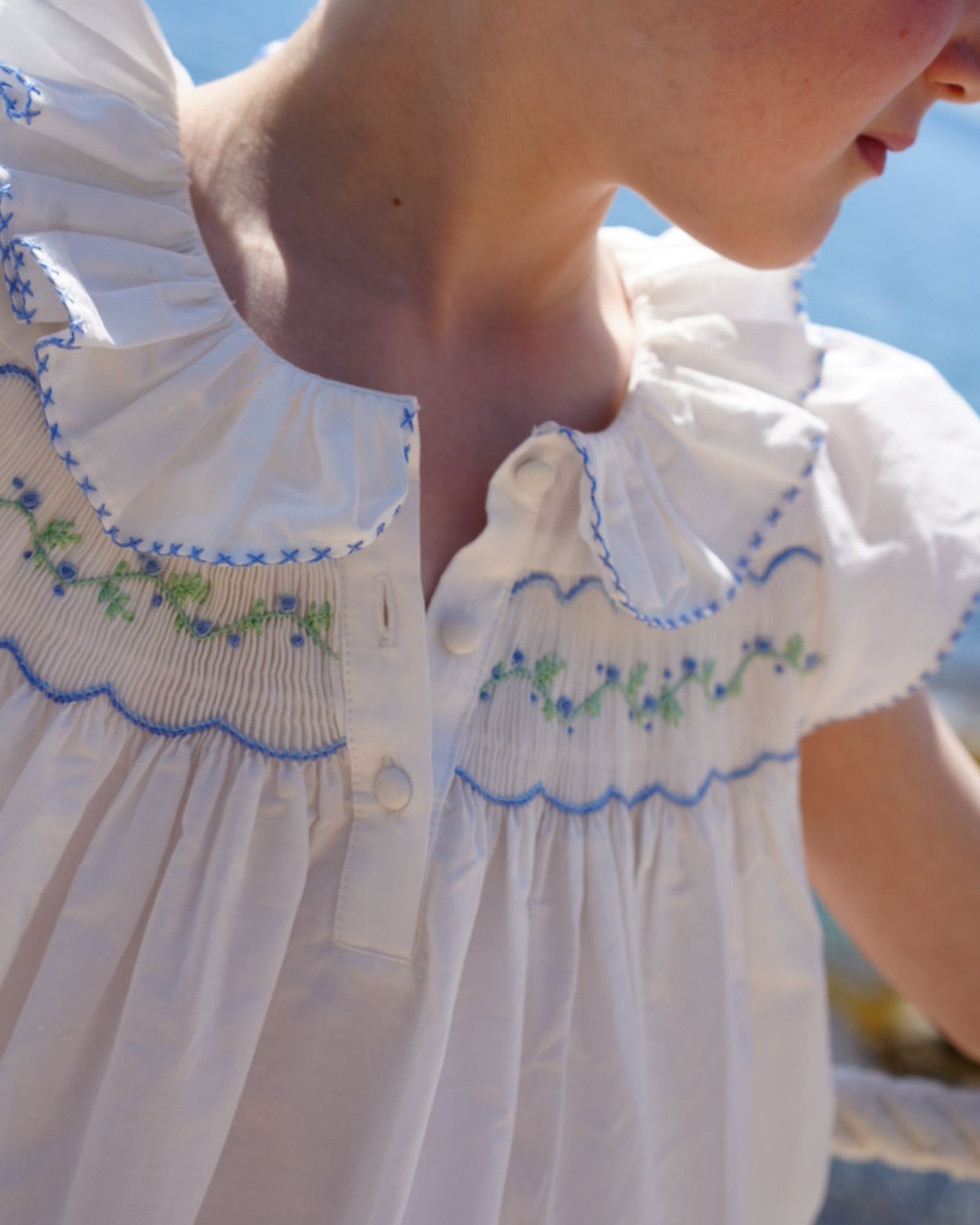 Nightingale Girl's Dress Moonstone Cotton with Blue Blooms Hand Smocking