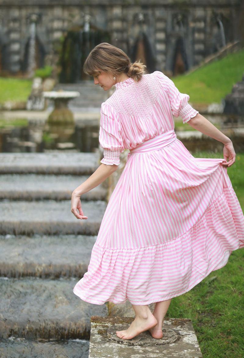 Wu Zetian Dress Pink Chevron Stripe with Peppermint Cream Hand Smocking