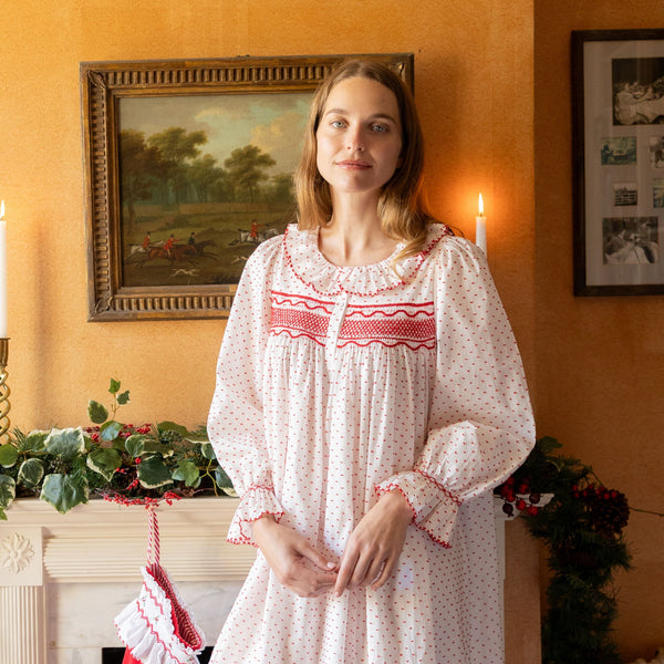 Nightingale Women's Dress Red Berry Plumetti with Stacked Waves Hand Smocking