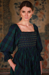 Ella Fitzgerald Women's Dress Black Watch Tartan with Royal Navy Hand Smocking