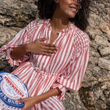 Aloha Wanderwell Dress London Bus Stripe with Milk Hand Smocking