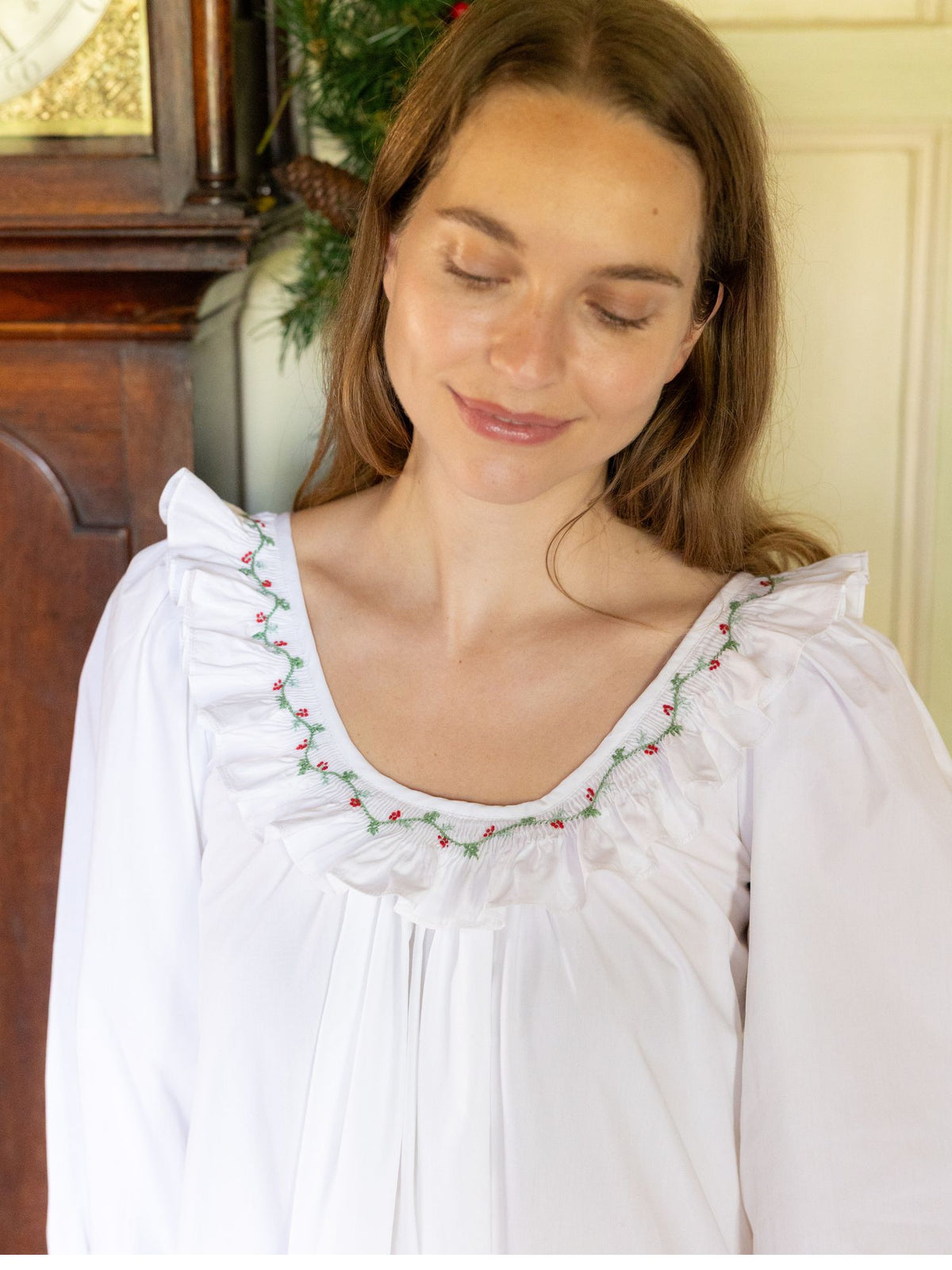 S/M Cassat Women's Dress Moonstone Cotton with Holly Hand Smocking