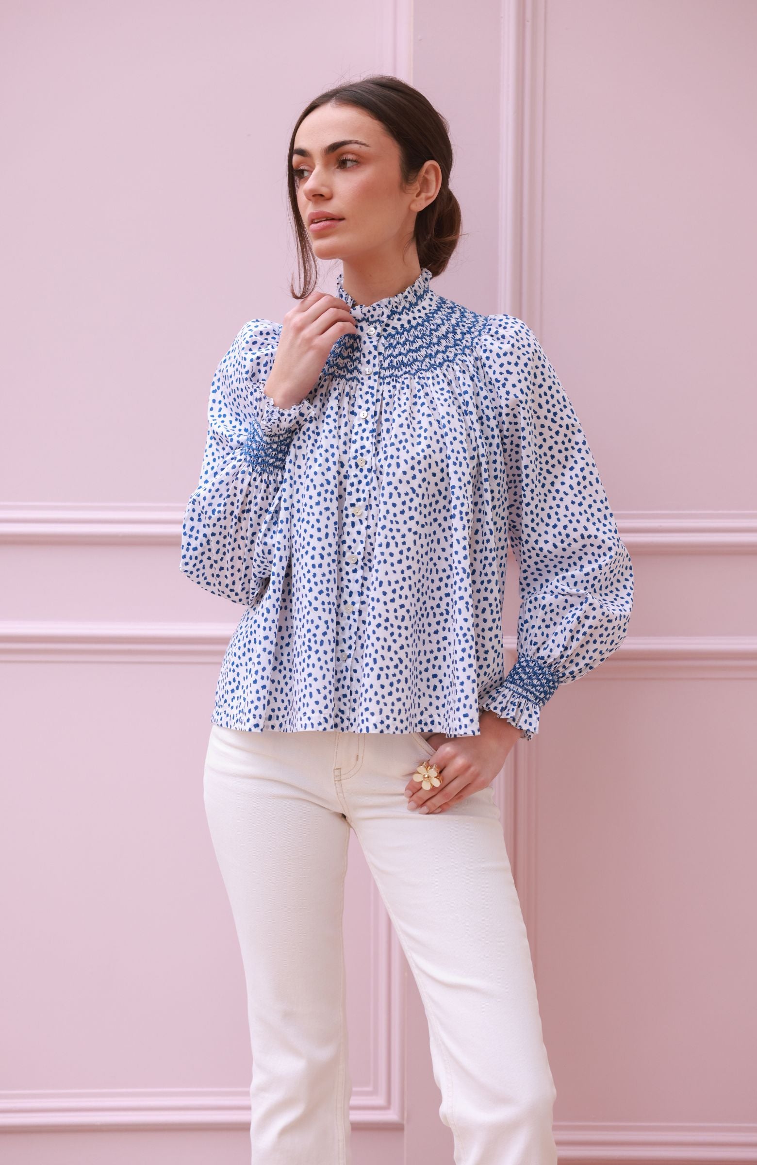 Scholl Blouse Blue Leopard with Sapphire Hand Smocking Edition 64