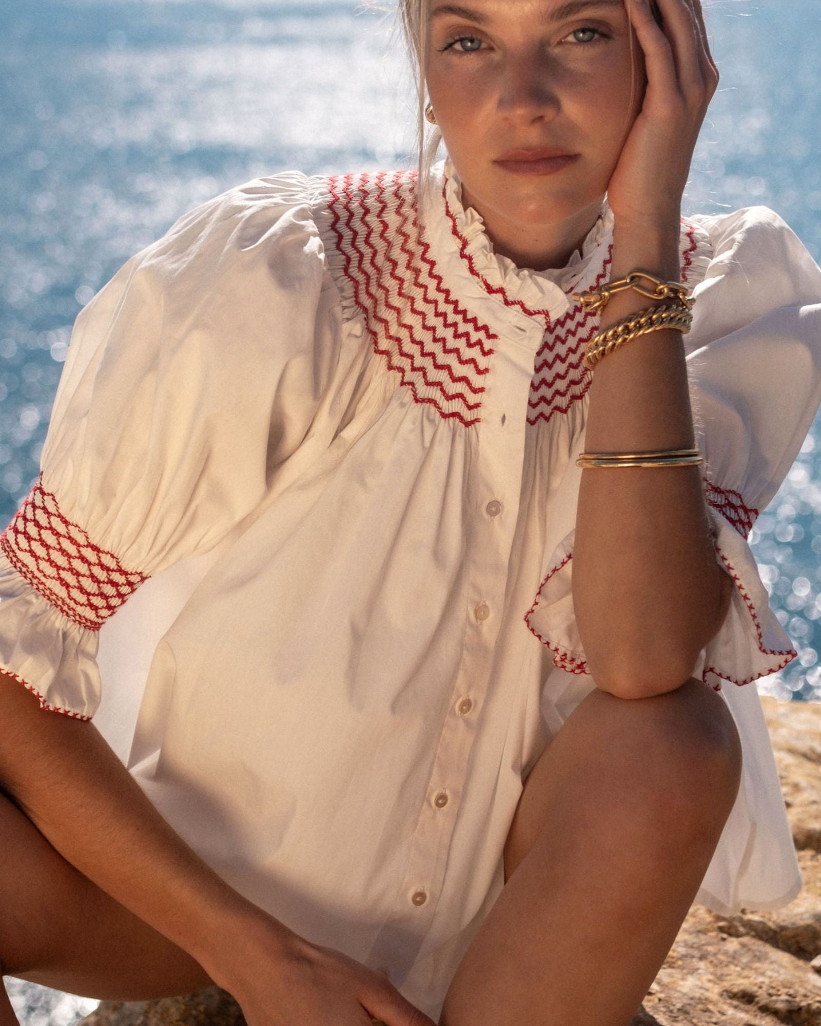 Scholl Women's Summer Blouse White with Pillar Box Red Hand Smocking