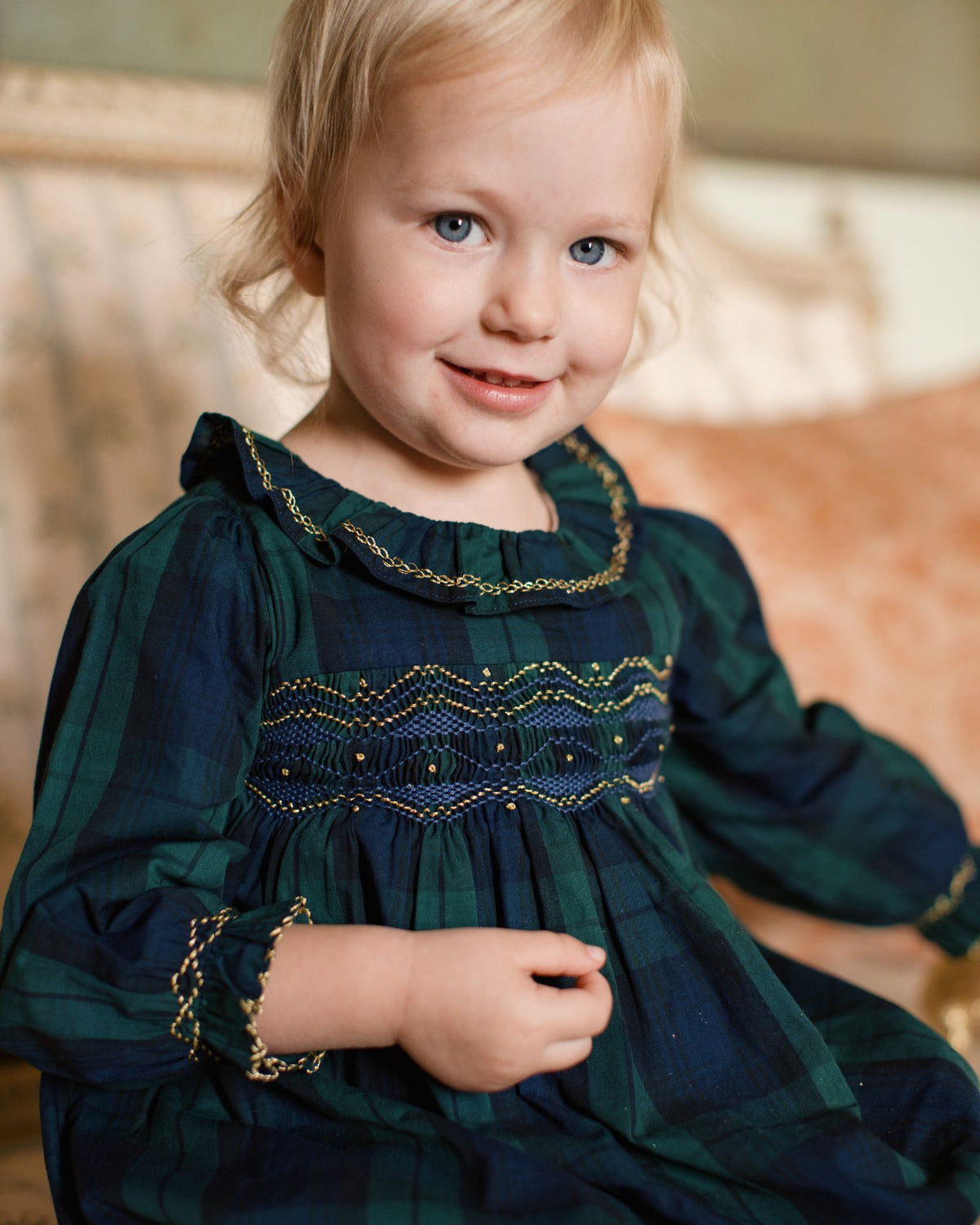 Jane Austen Romper Blackwatch Tartan with Midnight Star Hand Smocking