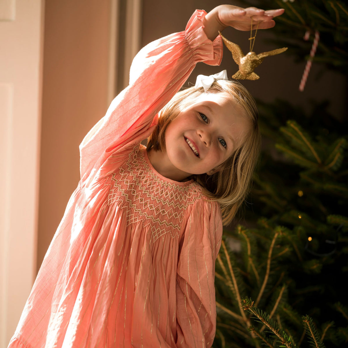 Hannah Szenez Dress Golden Stripe Opalescent Hand Smocking