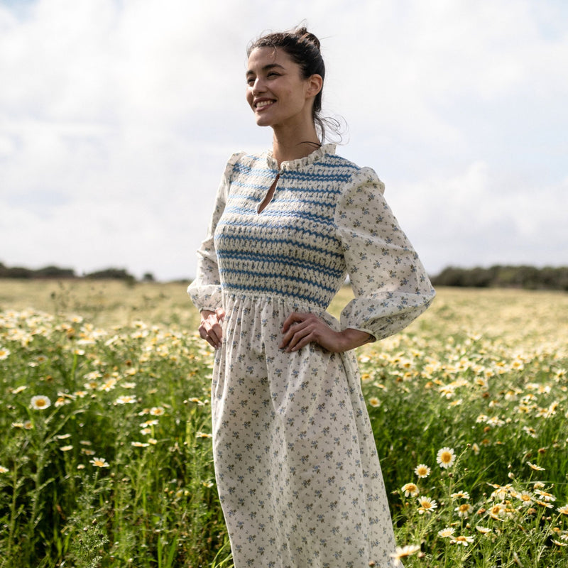 Emmeline Pankhurst Dress Brunnera Blooms with Forget Me Not Hand Smocking