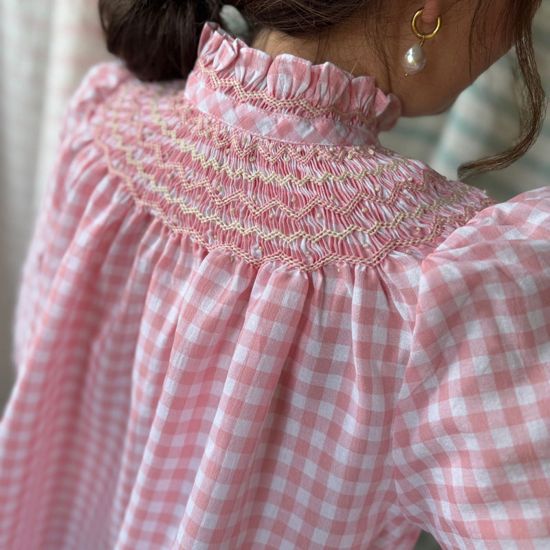 Scholl Blouse Pink Sand Gingham with Pink Pearl Hand Smocking Edition 39